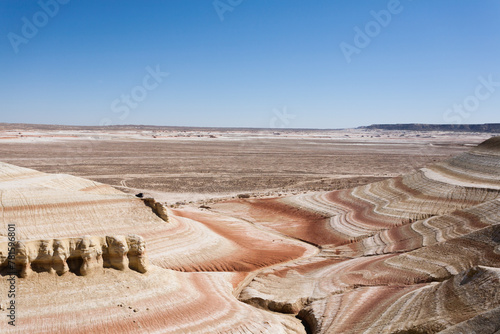 Kyzylkup plateau landscape, Mangystau desert. Rock strata formations