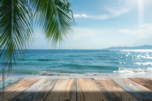 Sunny tropical beach landscape with palm trees and a wooden foreground