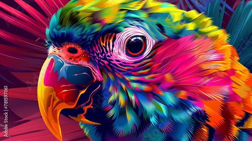 Vibrant vector face of a tropical bird with colorful feathers and an alert gaze.
