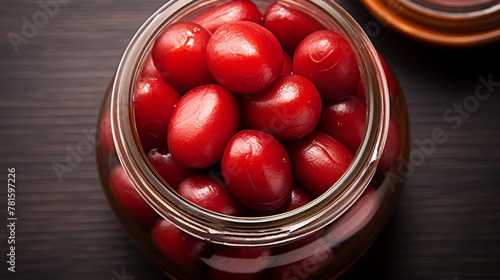 wide top view background of Indian sweets, clear glass jar full of Gulab jamun and sugar syrup banner image in dark color table photo