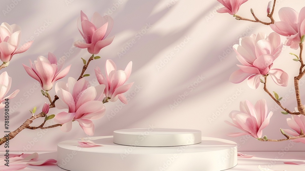 Spring minimal design pink product display podium on magnolia blossom ...