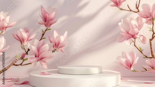 Spring minimal design pink product display podium on magnolia blossom pastel pink background, trendy modern graceful display scene for cosmetic, feminine product showcase. photo
