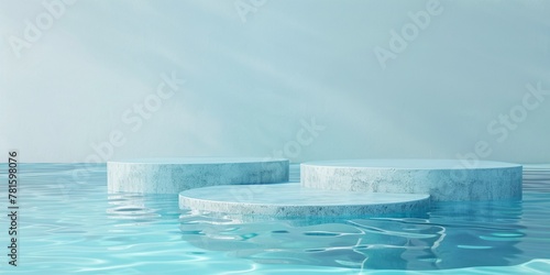 Graceful blue stone podium for product display, circular platform, round podium for product display in pond with calm and clear blue water, surreal geometry blue peaceful product display podium mockup photo