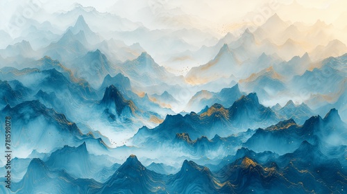 Golden Blue Mountains and Rivers in Chinese Meticulous Painting with Decorative Illustration