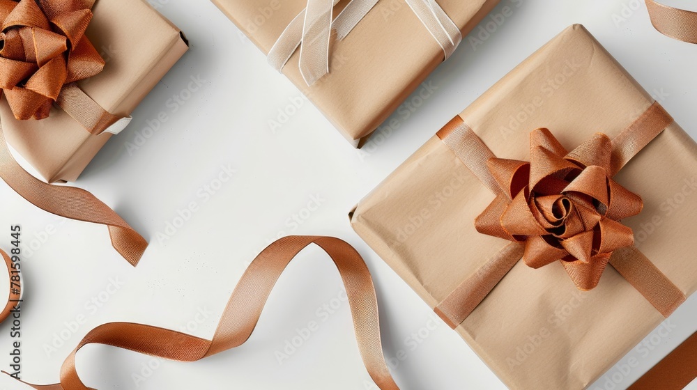 Naklejka premium Several wrapped gifts brown ribbon bows white surface