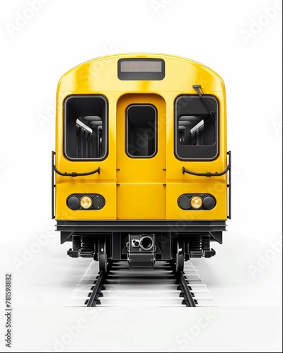 A yellow subway train on a white background in a simple style shown from the front, rendered in C4D as a high-resolution, high-detail 3D model with studio lighting from a front perspective 