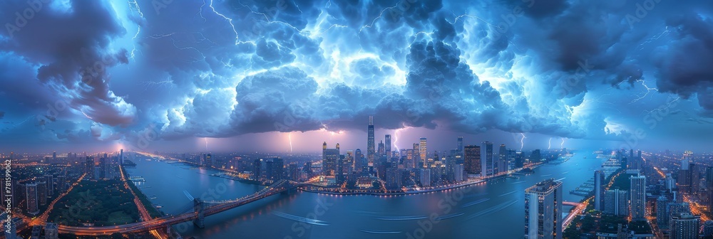 Illuminated urban sky: cityscape electrified by spectacular lightning display