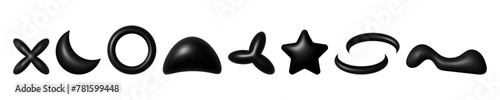 3D Chrome abstract liquid shapes. set of black metal element in y2k style. vector
