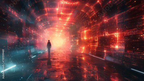 A solitary figure stands before a glowing, futuristic digital tunnel, evoking a sense of discovery and the unknown in a sci-fi setting.