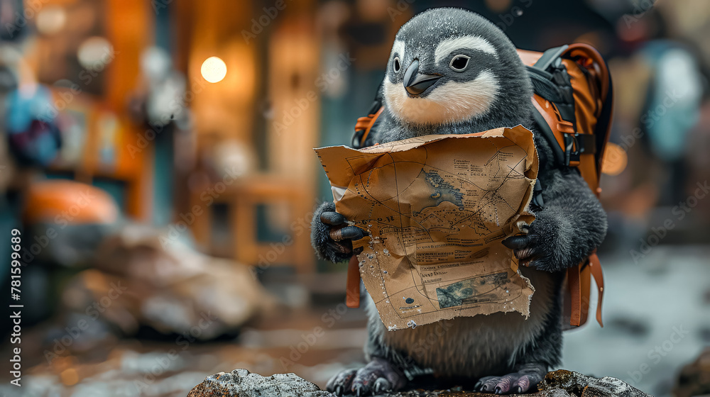 Naklejka premium A penguin is holding a paper map and wearing a backpack. The penguin is standing on a rock and he is lost