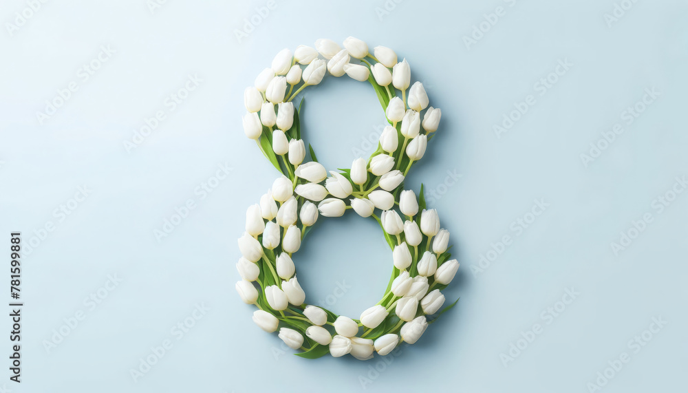 Obraz premium Number 8 shaped with white snowdrop flowers on a light blue background, perfect for spring themes and delicate decor concepts.