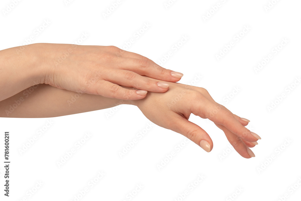 Woman hands  isolated on a white background. Nude nail polish.