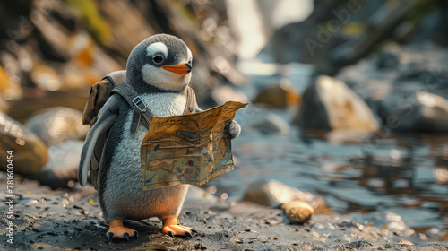 A penguin is holding a paper map and wearing a backpack. The penguin is standing on a rock and he is lost photo