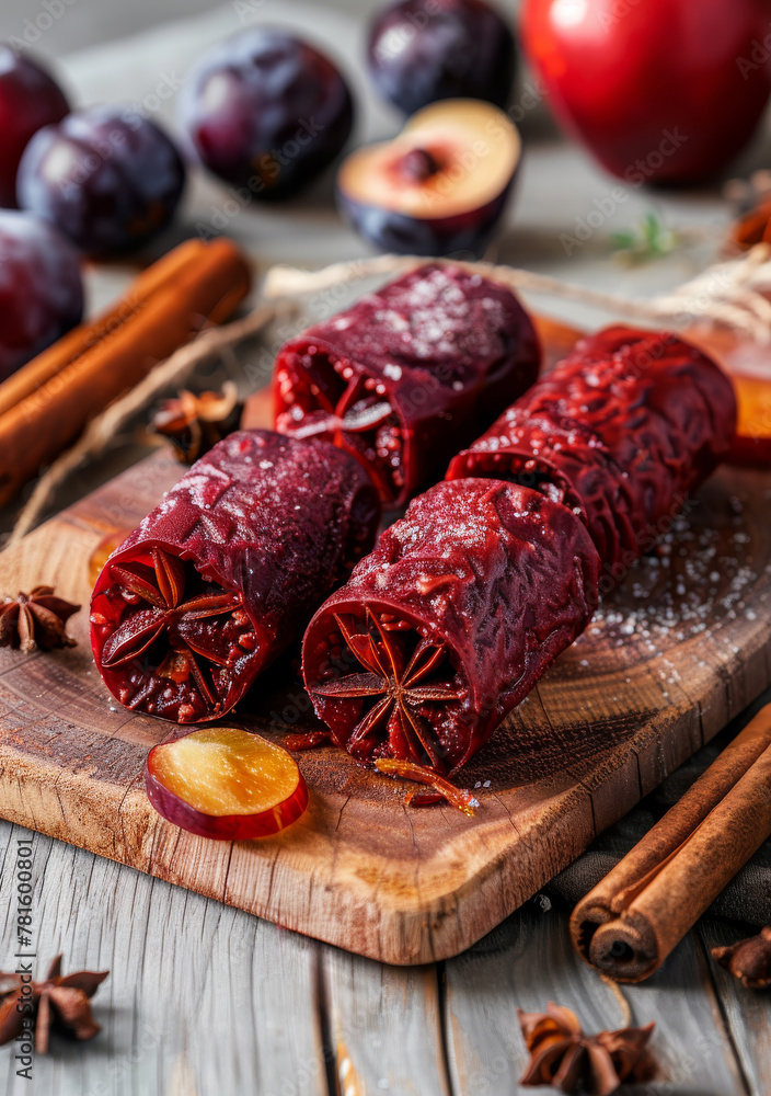 Traditional Christmas Eve dish. A blood sausage with plums spices and cinnamon on wooden background
