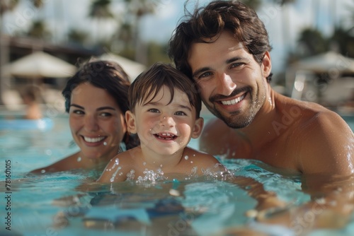 Man  woman  and child with smiles on their faces swimming happily in the pool