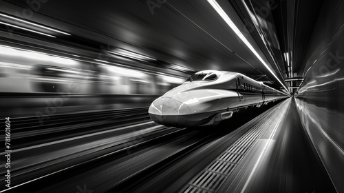 Black and white image capturing a high-speed train speeding through a sleek, illuminated tunnel, emphasizing dynamics and motion.