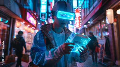 Futuristic courier with augmented reality glasses in a neon-lit urban setting