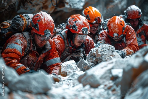 A team of rescuers equipped with helmets and personal protective equipment are navigating through a cave in a challenging rescue operation photo