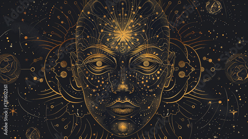 A celestial prophet graphical vector face with celestial motifs and cosmic symbolism, foretelling the mysteries of the universe.