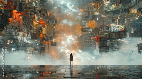 Imaginative artwork showing a person standing in a city with a surreal sky that seems to explode into color above