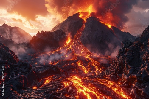 Erupting volcano with streams of molten lava