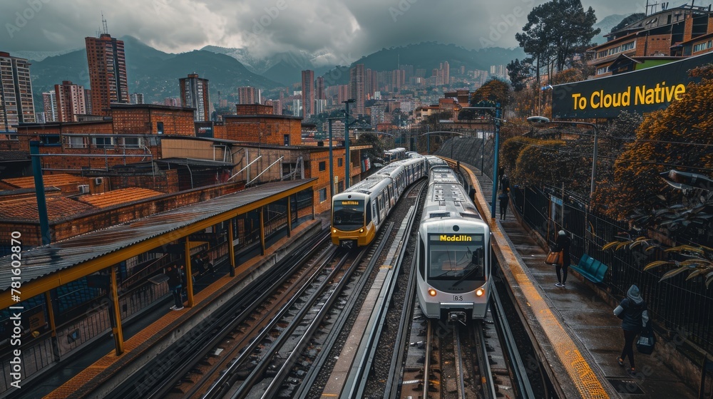 The image captures an arriving train at a busy outdoor metro station in Medellin with people waiting and cityscape in background