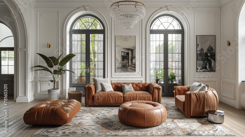 This image showcases an elegant French Creole living room, featuring large windows, leather sofas, and intricate architectural details.  © Yusif