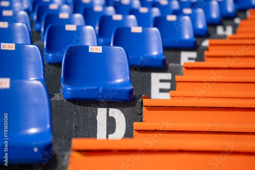 Empty blue seats with numbers in the stadium.