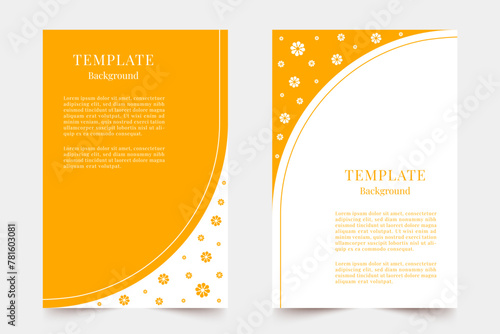 Background template with copy space for text. Simple and minimalistic orange template with white flowers. Vector illustration.