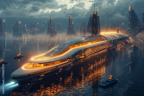 Futuristic vessel arriving at advanced harbor in city of tomorrow