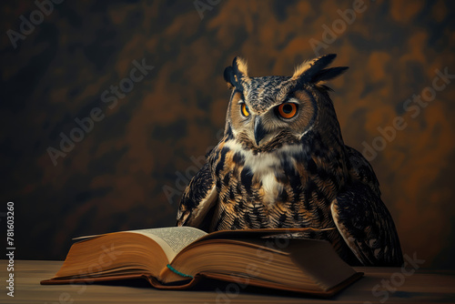 Funny image of smart owl reading a book in dark room with copy space