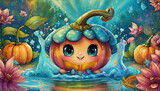 Oil painting style cartoon character cute pumpkin in water splash