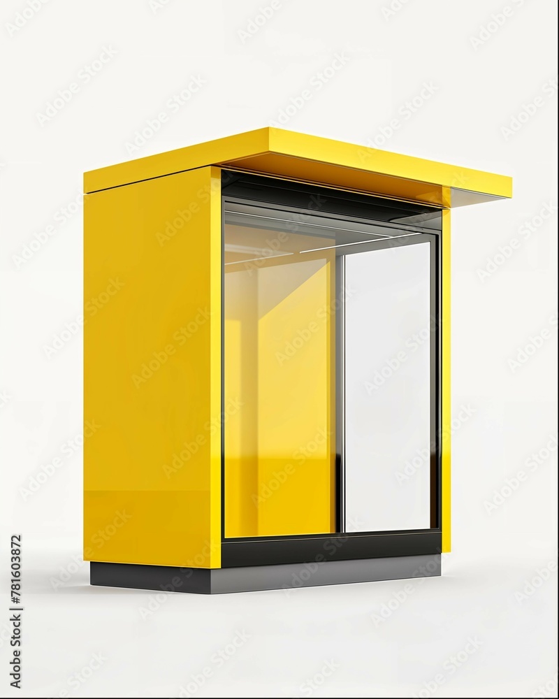 Yellow and black booth with a glass door. Yellow and black booth with a glass door.