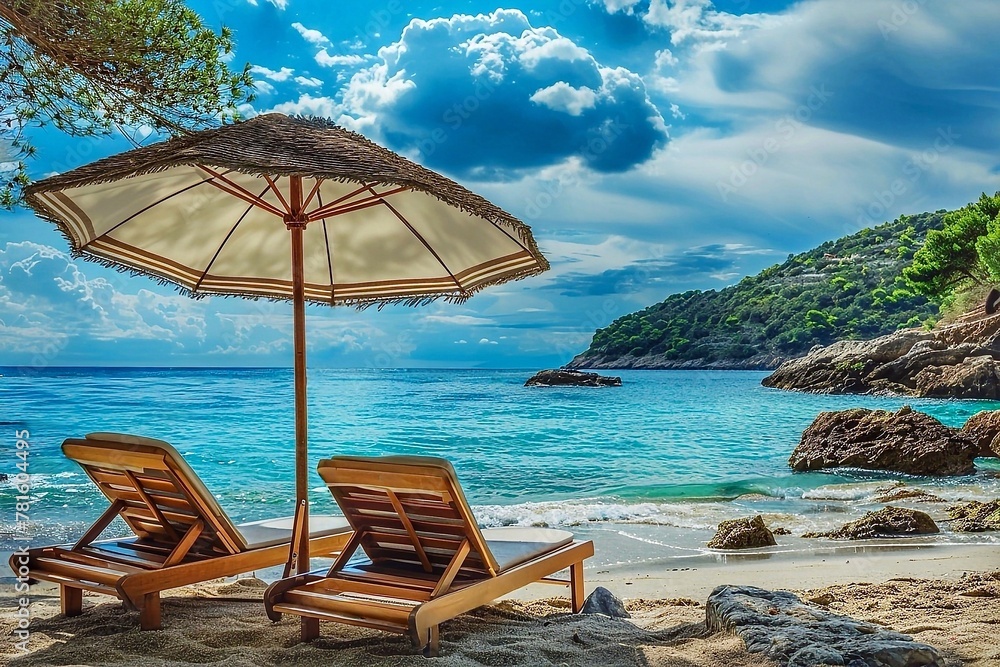 Wooden sun loungers and parasol on the sandy beach. Summer holidays concept