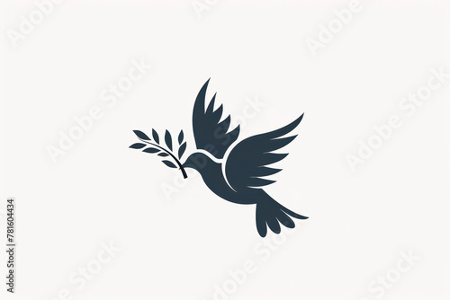Simple Logo of Flying Peace Dove With Olive Branch in the Beak on White Background