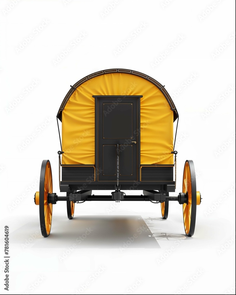 a covered wagon from the mid20th century with yellow tarp and black wooden sides, on white background, perspective view, hyper realistic a covered wagon from the mid20th century with yellow tarp and black wooden sides, on white background, perspective view, hyper realistic