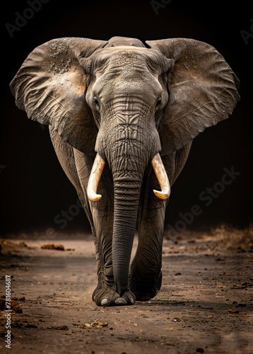 Elephant walking towards the camera with black background
