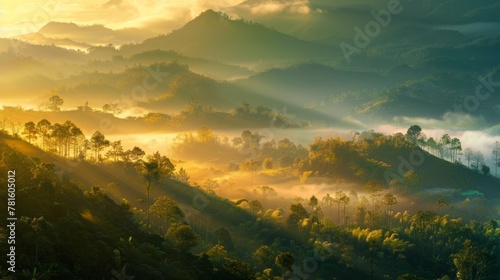 Mountain range overlooking misty valley © 2rogan