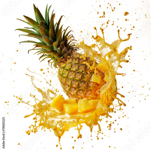 Pineapple exploding and bursting into pieces with juice splatters in different directions, isolated on a white or transparent background. Fruit explosion, pineapple juice splashes, side view