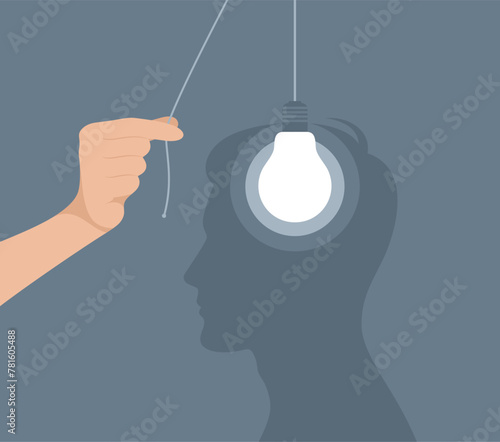 A hand turning on a light bulb in the head of a male silhouette. Flat vector illustration
