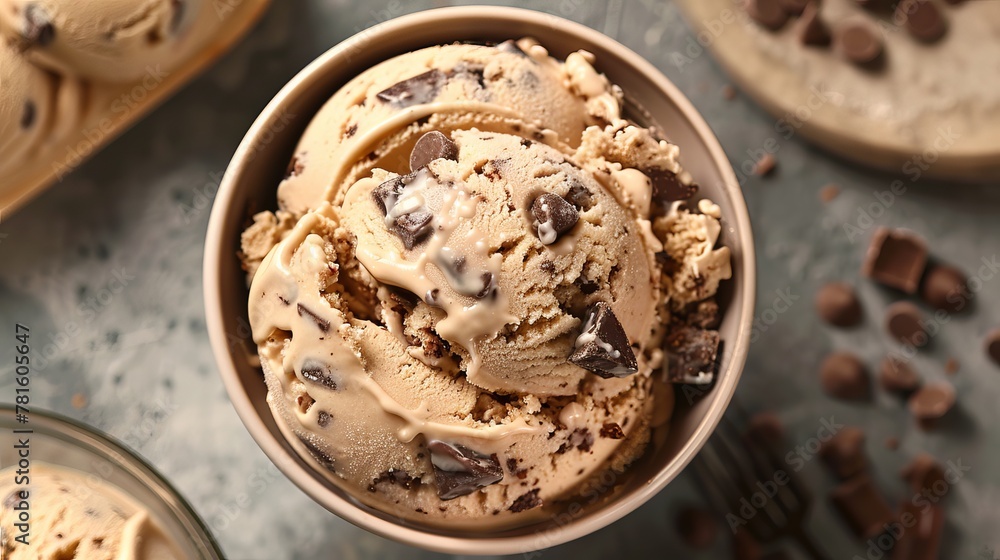 A bowl of vegan cookie dough flavoured ice cream A bowl of vegan cookie dough flavoured ice cream