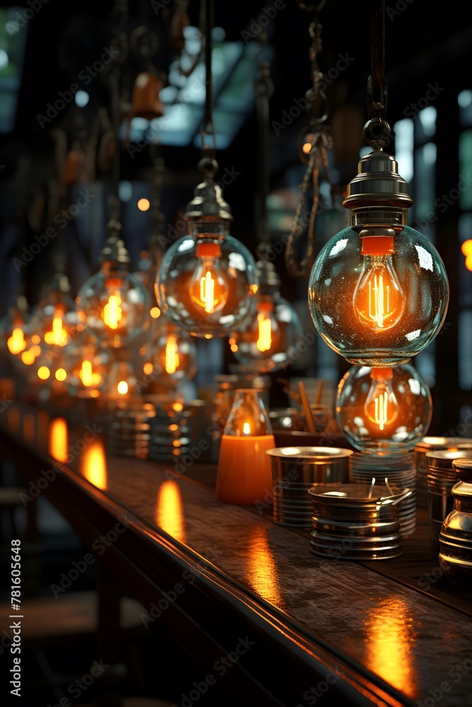 Vintage incandescent Edison light bulbs on the shelf in the room