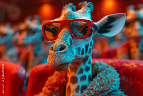 Giraffe is wearing red sunglasses and fur coat in cinema.