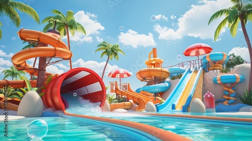 Fototapeta Naklejka Na Ścianę i Meble -  3D cartoon image of a waterslide, water park with palm trees, umbrellas, bubbles, and lifebuoy.