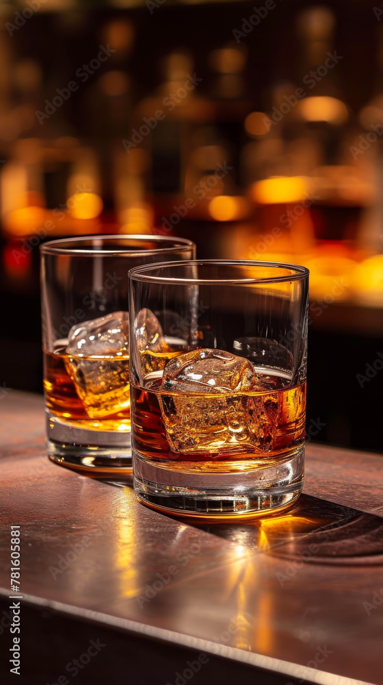 Two glasses of whiskey with ice cubes on the wooden bar counter Two glasses of whiskey with ice cubes on the wooden bar counter