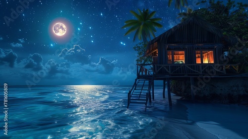 A beach hut stands on the shore of a tropical island. The windows glow in the moonlight and the starry sky is above. The wooden house is on stilts with a terrace overlooking the ocean. photo