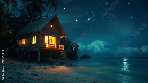 A beach hut stands on the shore of a tropical island. The windows glow in the moonlight and the starry sky is above. The wooden house is on stilts with a terrace overlooking the ocean.