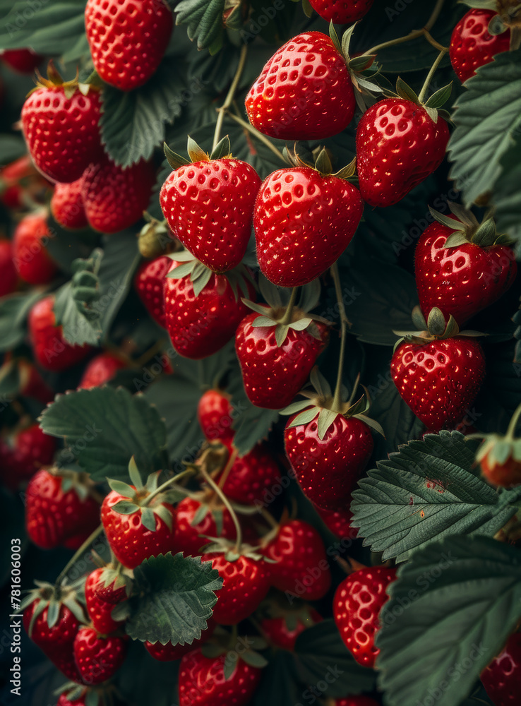 Closeup of strawberry plant with lots of ripe and unripe strawberries Closeup of strawberry plant with lots of ripe and unripe strawberries
