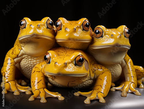 Three yellow frogs posing against a black background