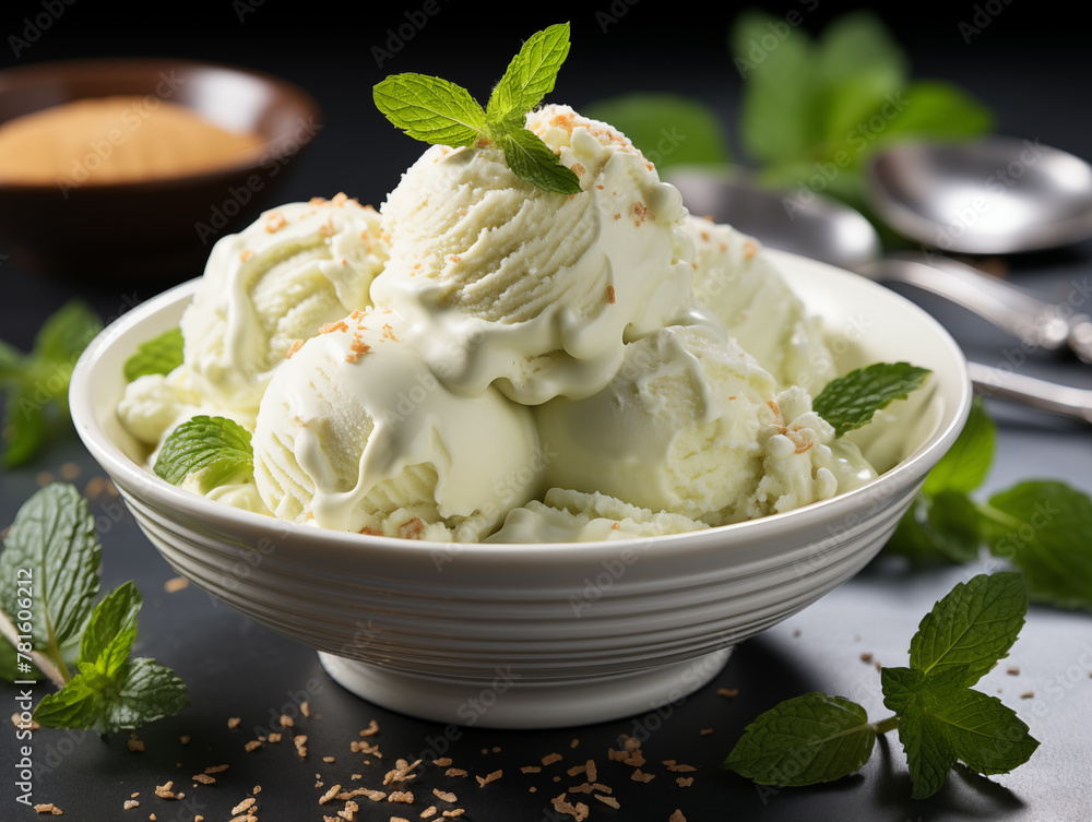 Creamy vanilla ice cream topped with mint in a white bowl Creamy vanilla ice cream topped with mint in a white bowl